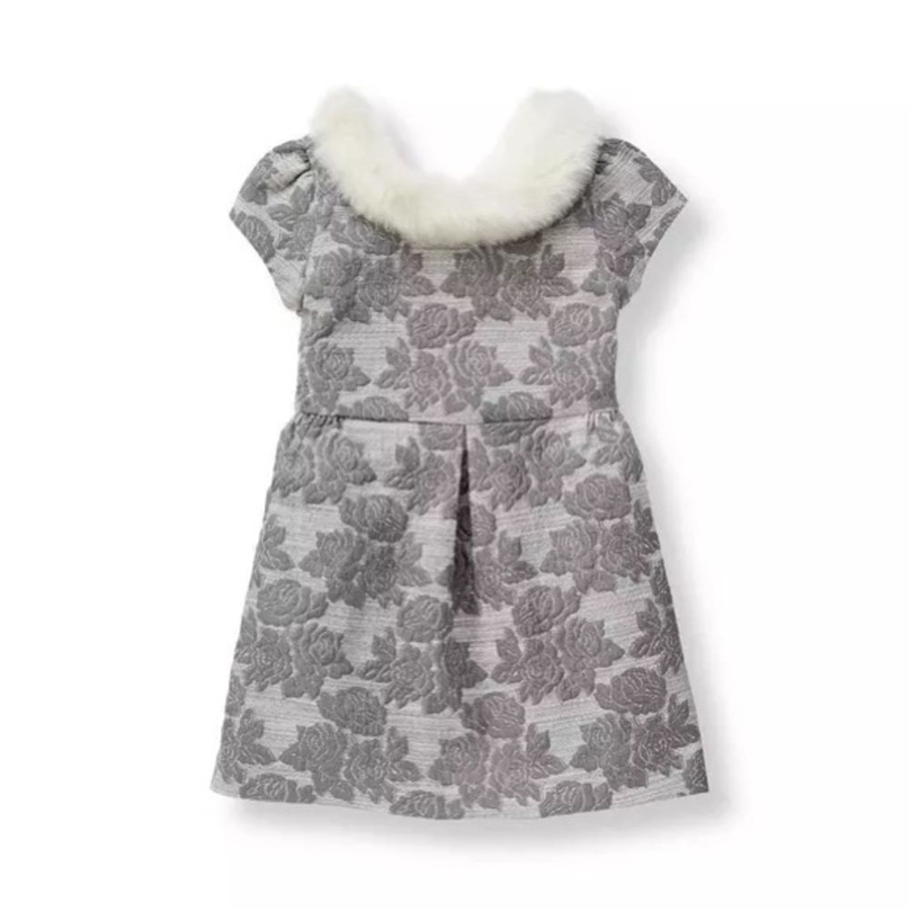 NWOT Janie & Jack Jacquard Dress Faux Fur Collar Floral Gray Girls 6-12M Winter